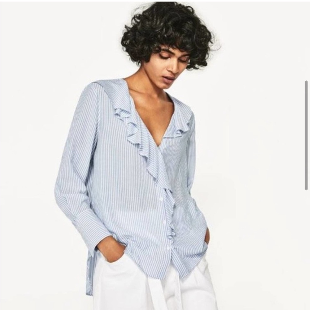 Zara | striped ruffle front button up blouse